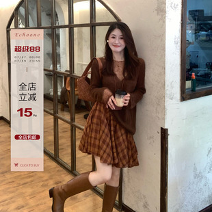 Echoone 圆舞曲 搭配能手蓬蓬格纹半裙+毛衣套装女高腰显瘦气质