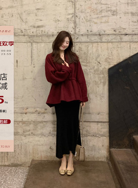 Echoone 馥郁玫瑰 抽绳苏力双面羊毛大衣毛呢外套中长款上衣女