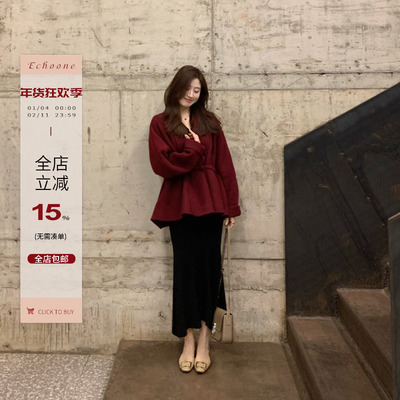 Echoone 馥郁玫瑰 抽绳苏力双面羊毛大衣毛呢外套中长款上衣女