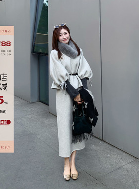 Echoone 高智oni 花苞袖设计感品质双面呢毛领外套半身裙两件套装