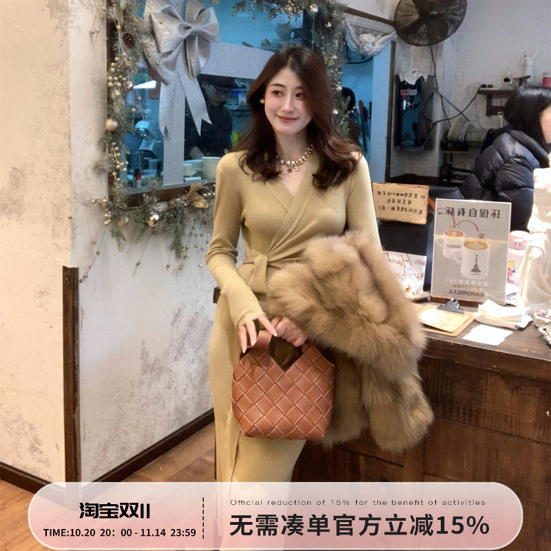 Echoone 女神裙 针织绑带连衣裙女法式优雅气质秋冬收腰长袖长裙
