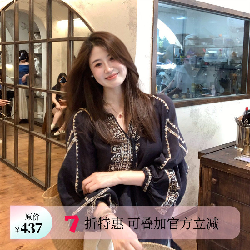 【粉丝福利 7折钜惠】Echoone 自然系 定位绣花苎麻灯笼袖上衣女