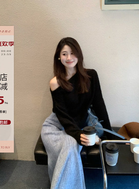 Echoone 姐姐天菜 斜肩慵懒毛衣女装经典百搭时尚设计感针织上衣