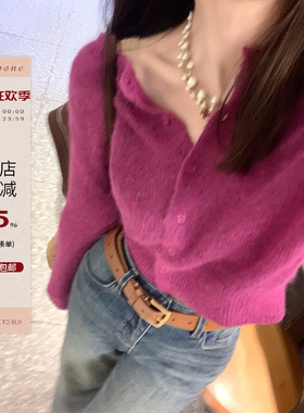 Echoone 明艳艳 两色羊驼羊毛针织开衫女秋冬时髦叠穿单穿短外套