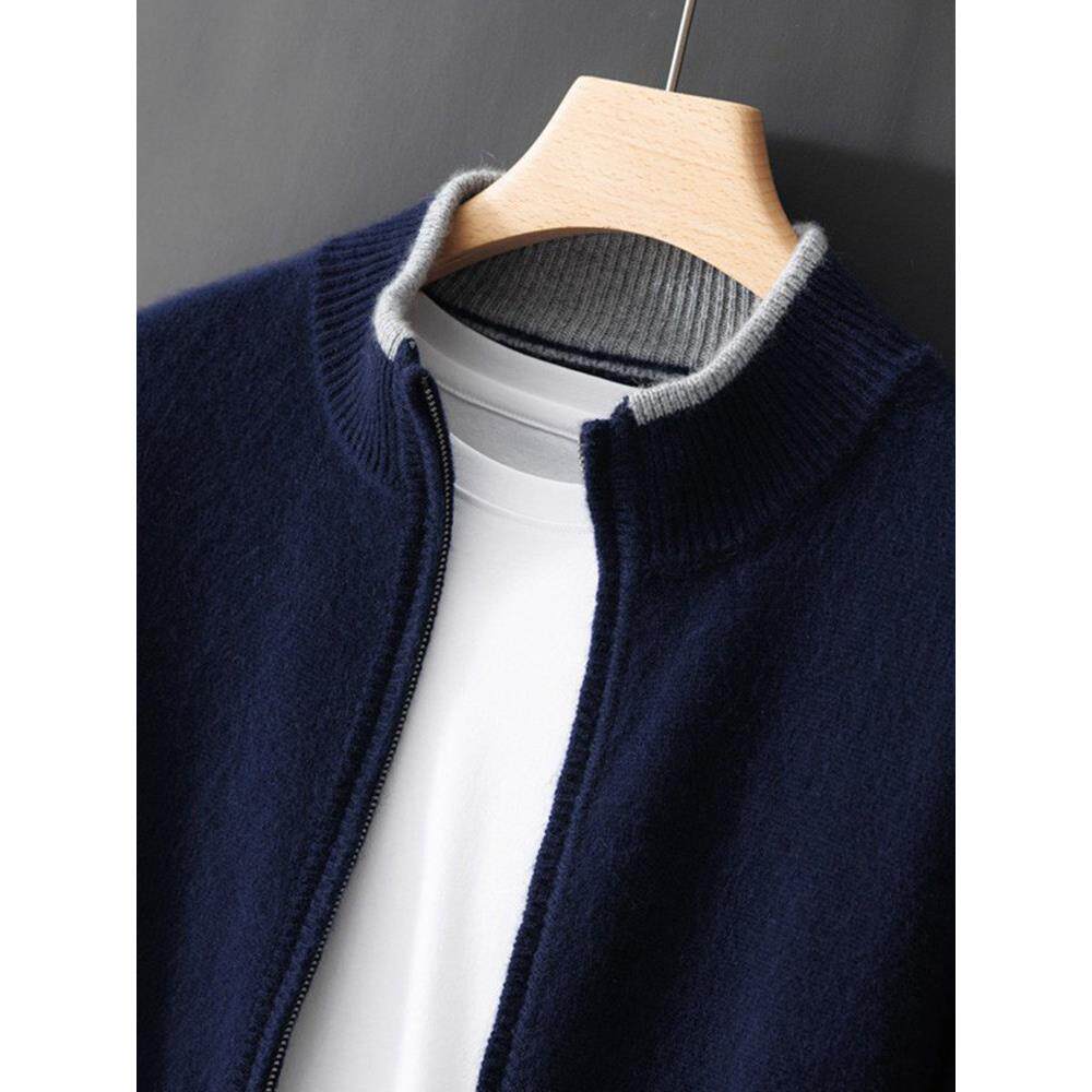 秋冬季纯羊绒开衫男士立领拼色拉炼毛衣宽松休闲保暖羊毛针织外套