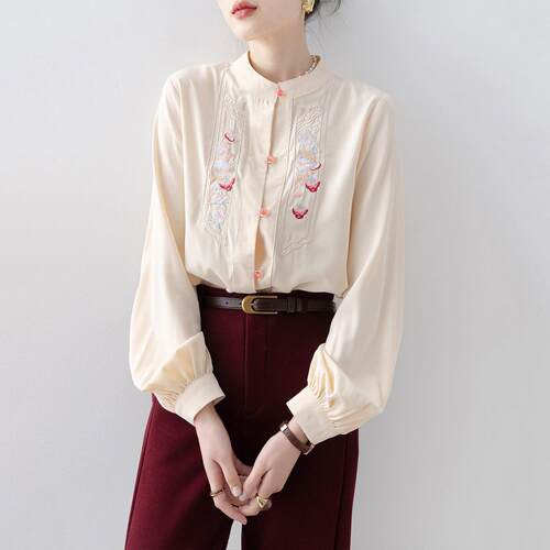 Canary Kiss法式杏色立领刺绣衬衫女长袖春款新中式垂感缎面衬衣