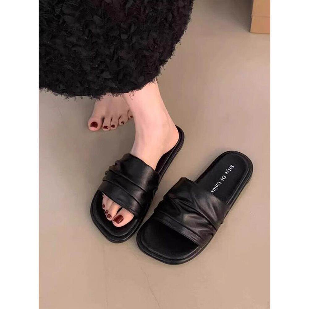 欧美风软羊皮一字拖平底拖鞋女夏外穿法式配裙子孕妇通勤沙滩凉鞋