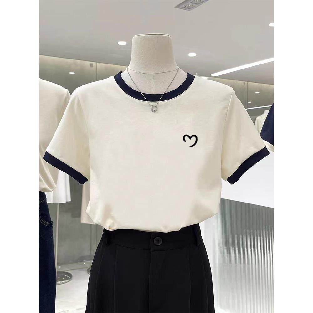 韩国2025新款正肩纯棉撞色短袖T恤女时尚百搭减龄显瘦白色上衣