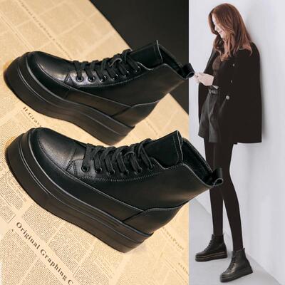 内增高马丁靴女2025新款秋冬真皮加绒黑色高帮松糕鞋厚底显瘦短靴