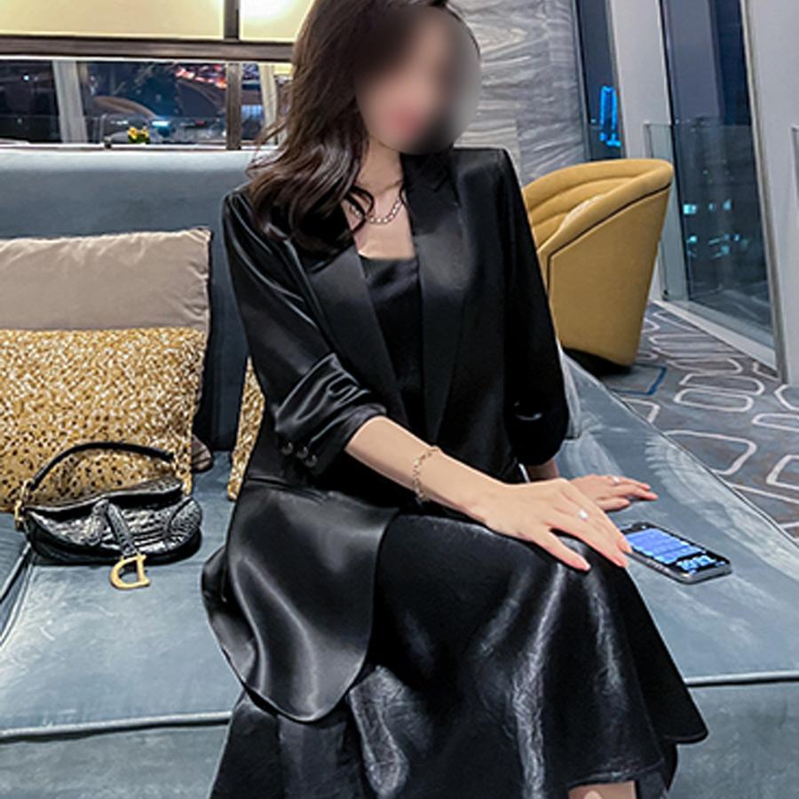 2025新款春夏高级感缎面西装两件套装女胖mm吊带连衣裙加大码女装