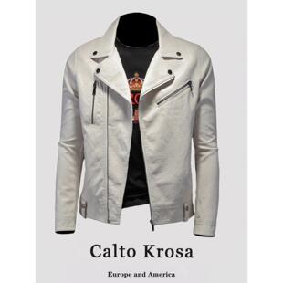 CaltoKrosa 外套 欧美休闲软皮翻领机车皮衣男潮流加绒斜拉炼西装