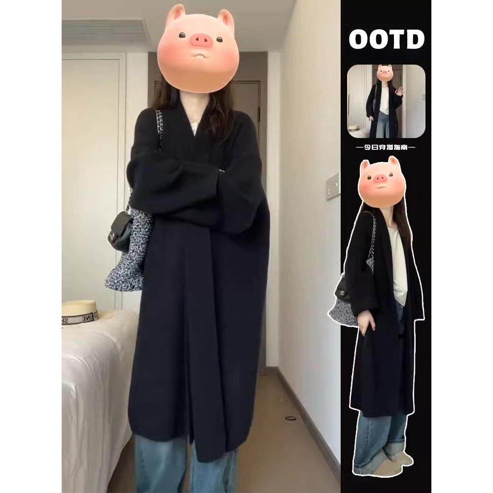 日系慵懒风休闲高级感黑色毛衣外套女秋冬季新款长款穿搭针织开衫