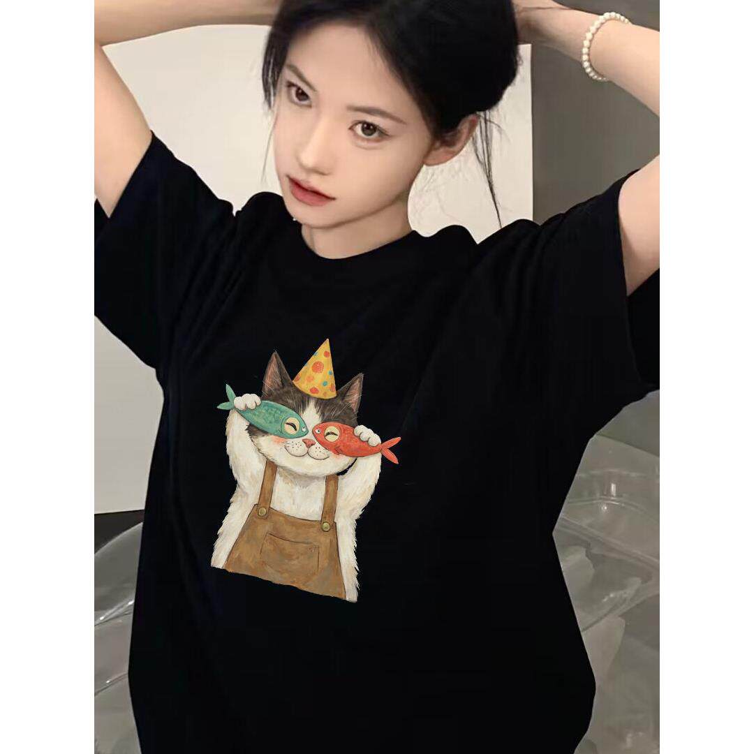 法式Rixo Kelly纯棉复古喵星人短袖t恤女设计感小众正肩半袖上衣