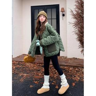 法国ROUJE 宽松保暖棉衣 NAIVE高端羊羔毛拼接绿色菱格棉服女新款