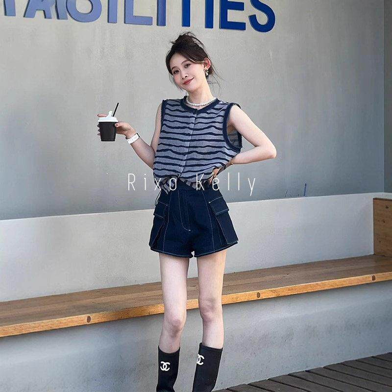 Rixo Kelly条纹无袖设计感百搭上衣女气质高级感休闲舒适牛仔短裤
