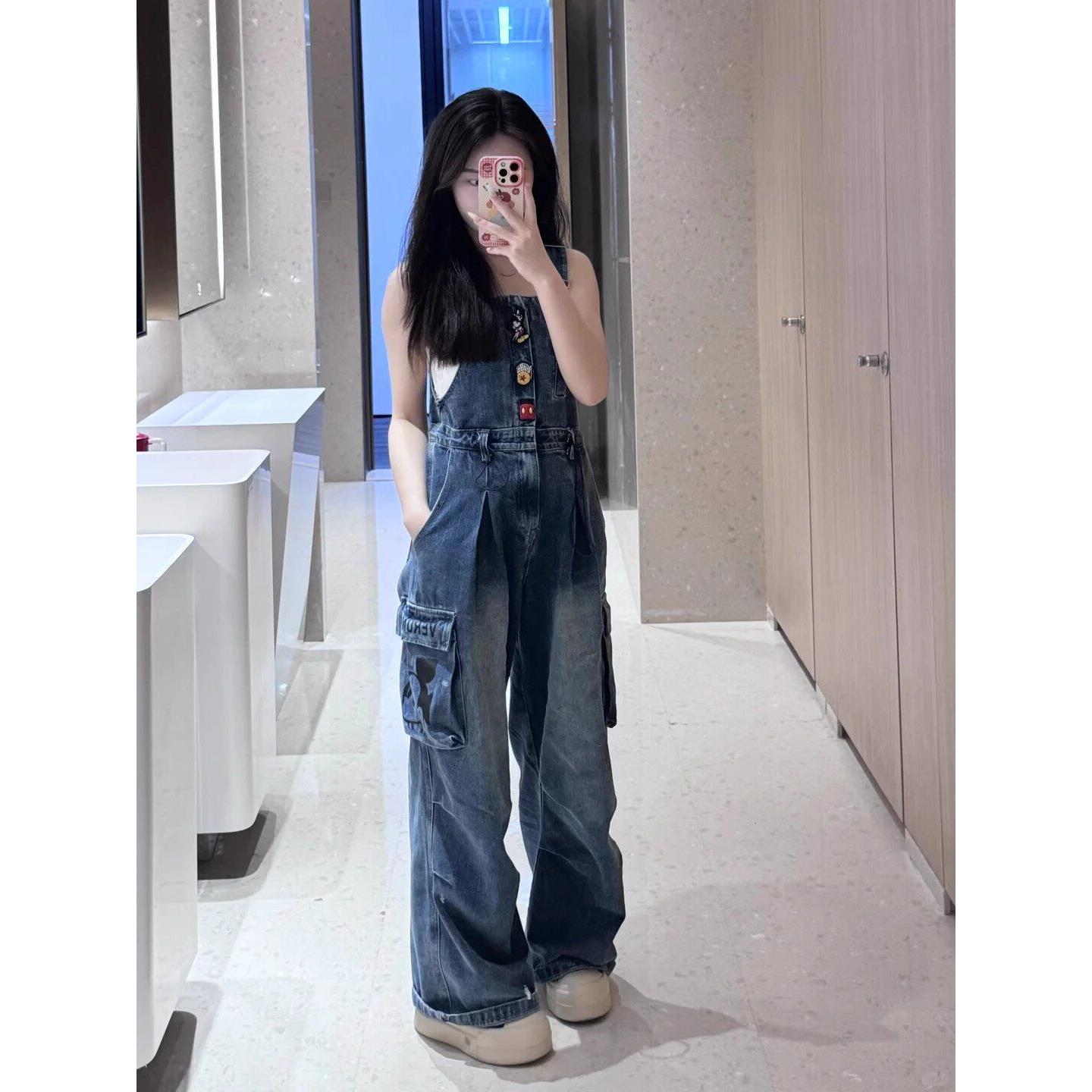 米兰风MDCW卡通印花牛仔工装背带裤女2025新款甜酷减龄大口袋长裤