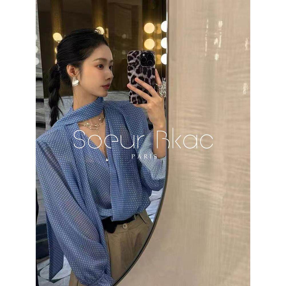 法国SOEUR BKAC法式秋季时尚蓝色波点v领飘带衬衫女宽松薄款上衣