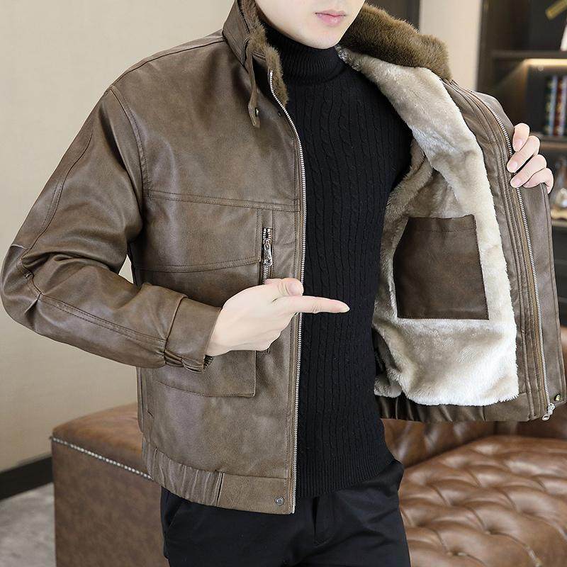 真皮皮衣男加绒加厚冬季保暖潮流毛领外套帅气男士皮毛一体皮夹克