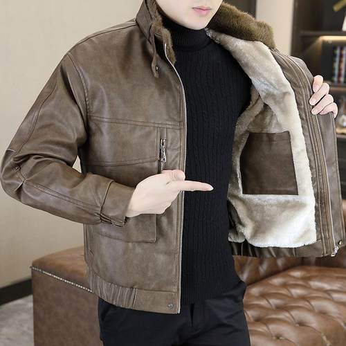 真皮皮衣男加绒加厚冬季保暖潮流毛领外套帅气男士皮毛一体皮夹克