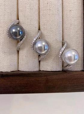 新加坡chomelkinsey轻奢闪钻交叉可调节银戒指单颗灰色珍珠食指戒