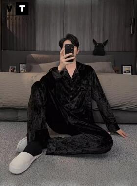 WEI TING黑色金丝绒睡衣男春秋款高级感休闲金钻绒家居服男士套装