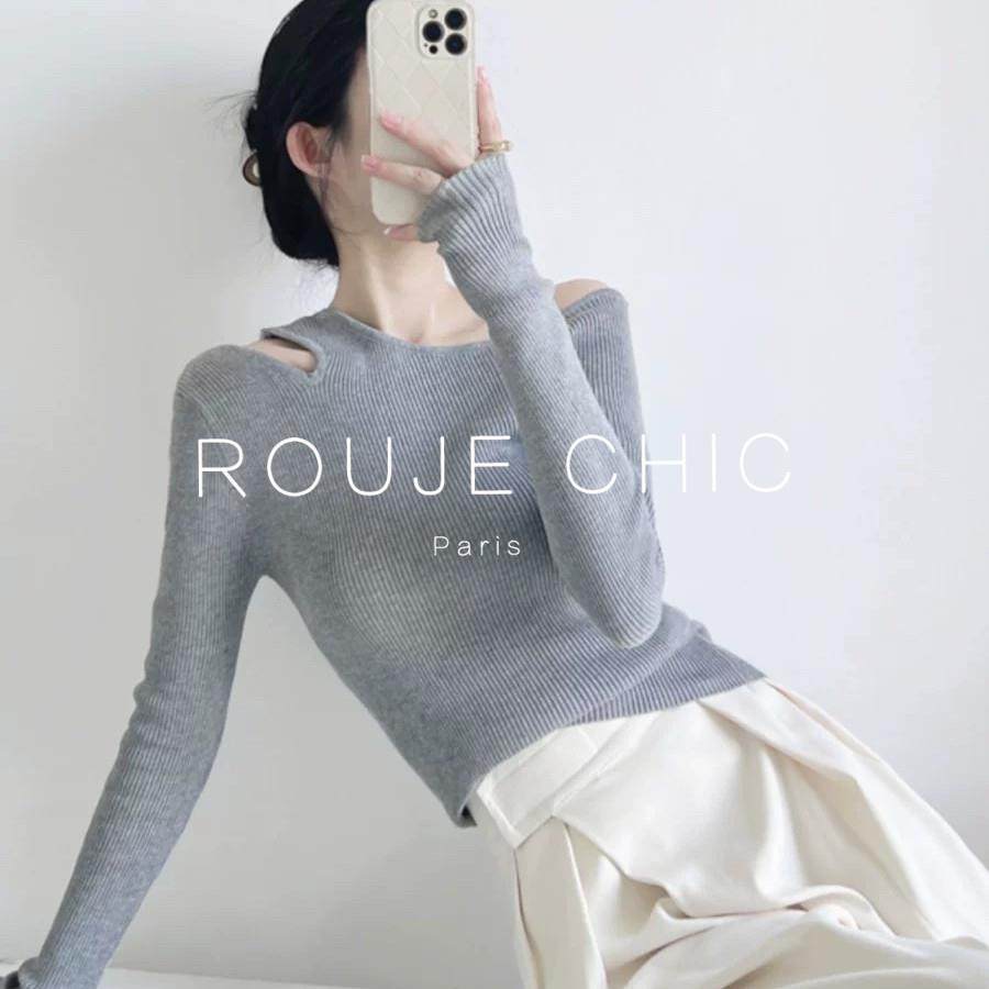 ROUJE CHIC法式设计感不规则露肩针织衫女秋季小众内搭修身打底衫,女装/女士精品,大码内搭,淘宝优惠券,粉丝福利购,淘宝优惠卷