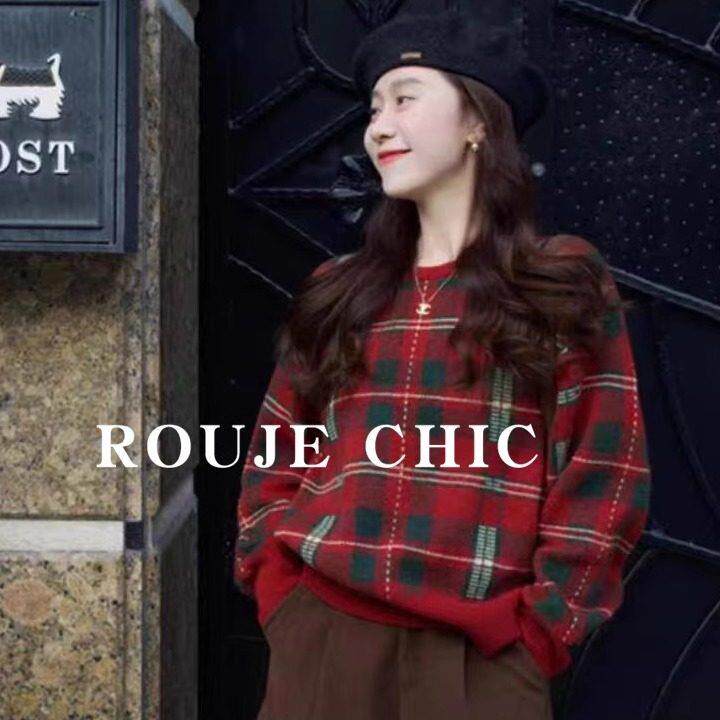 rouje chic法式复古新年红色圣诞格子宽松羊毛针织衫秋冬季毛衣女