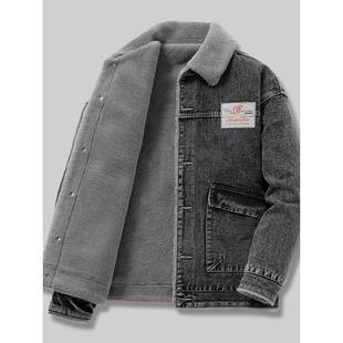 棉袄 牛仔外套高端男士 羊羔绒棉衣男冬季 加绒加厚翻毛领夹克春秋款