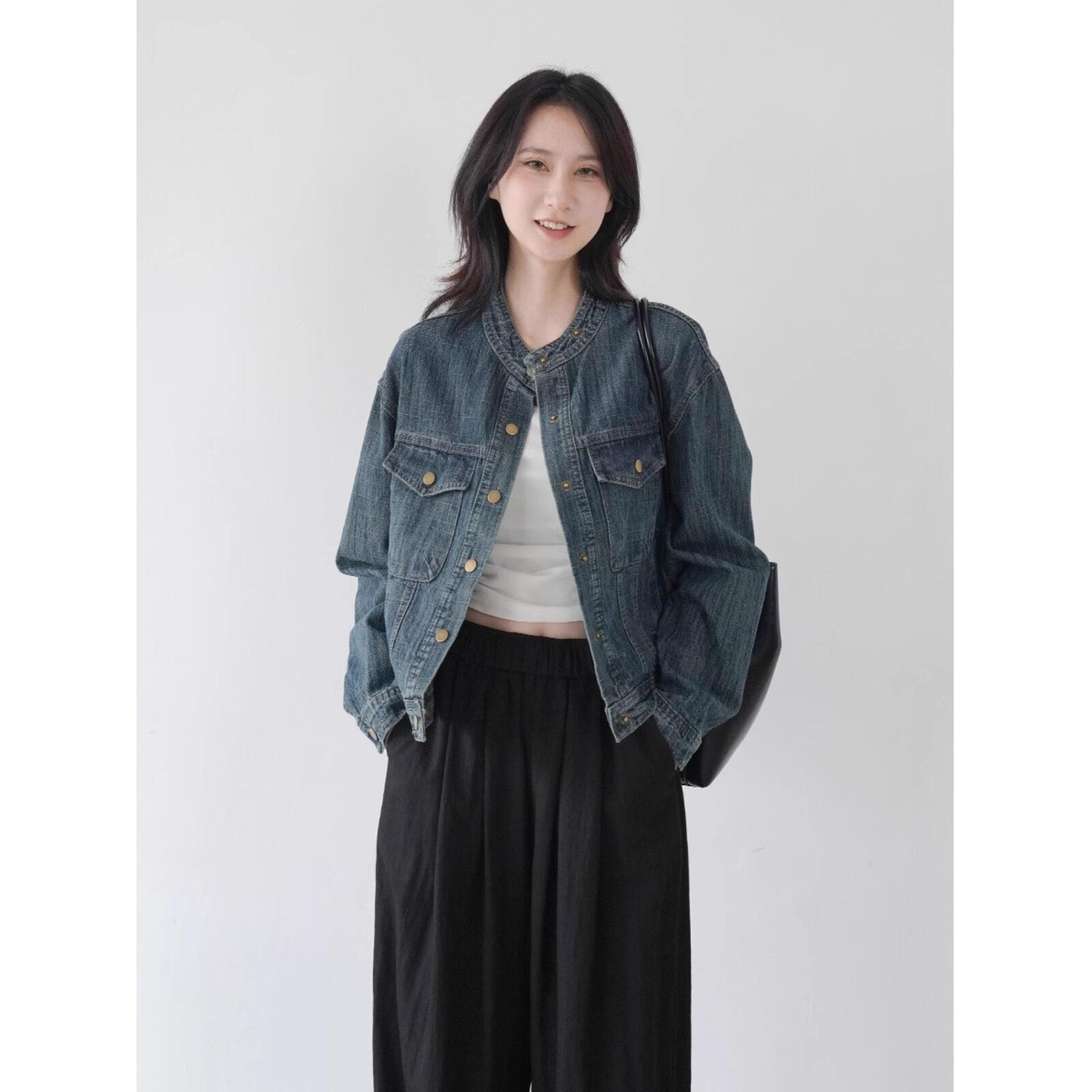 ROUJE SUNG做旧水洗牛仔外套女秋季新款长袖短款显瘦立领夹克上衣