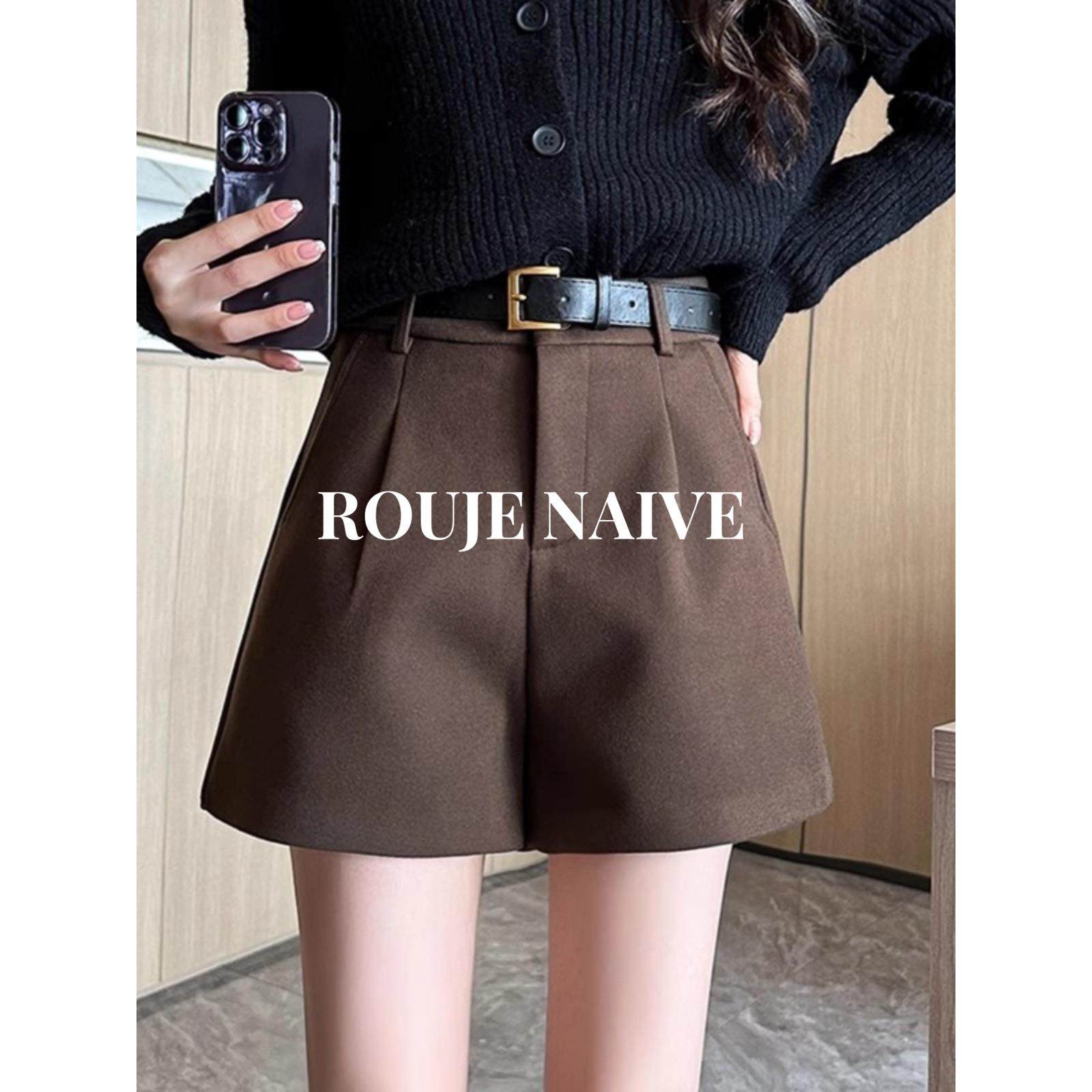 ROUJE NAIVE毛呢配靴子短裤女秋冬季新款外穿休闲高腰显瘦a字靴裤,女装/女士精品,大码裤装,淘宝优惠券,粉丝福利购,淘宝优惠卷