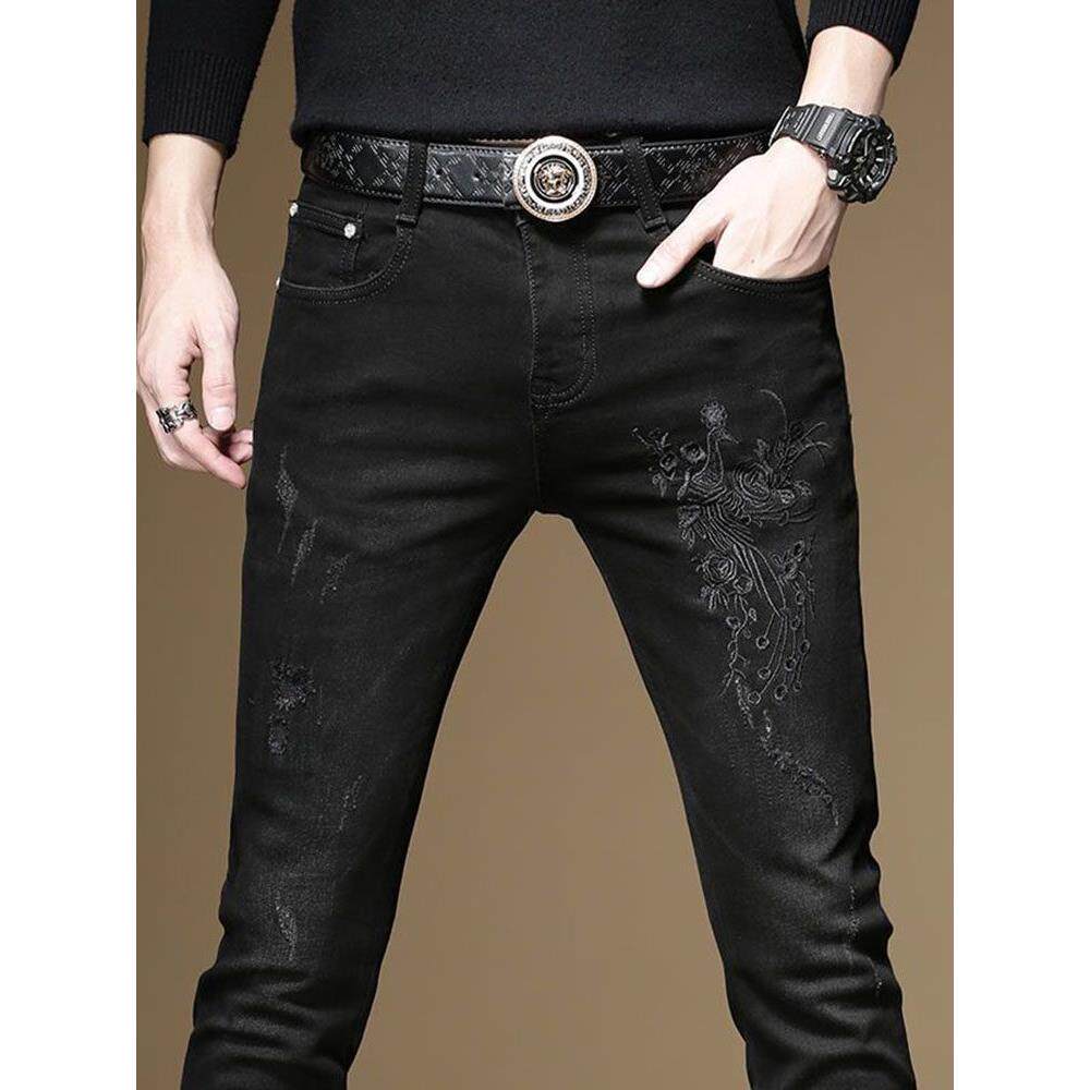 秋季潮牌修身男士牛仔裤新款黑色小脚长裤个性弹力刺绣休闲裤子男