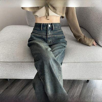 法国Rouje tusse水泥灰牛仔裤女秋冬高腰显瘦直筒拖地窄版阔腿裤