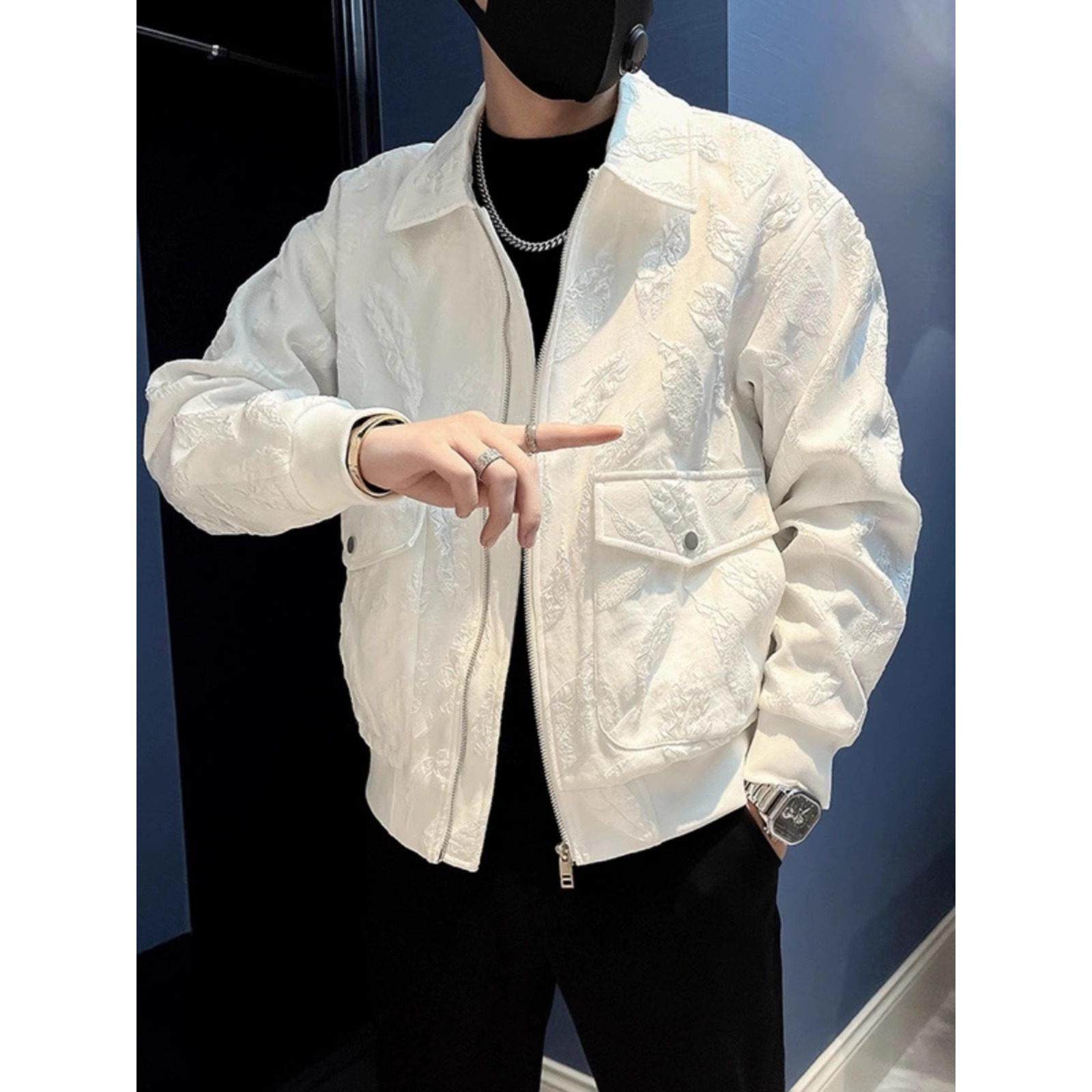LL男装外套男高级感痞帅春秋季夹克潮牌短款浮雕提花叶片设计上衣
