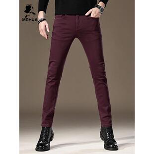 欧洲站男士秋冬新款加绒牛仔裤酒红色弹力修身小脚男款韩版长裤子