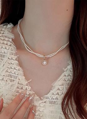 chomelkinsey双层叠戴珍珠吊坠项链女高级感轻奢小众百搭配饰颈链