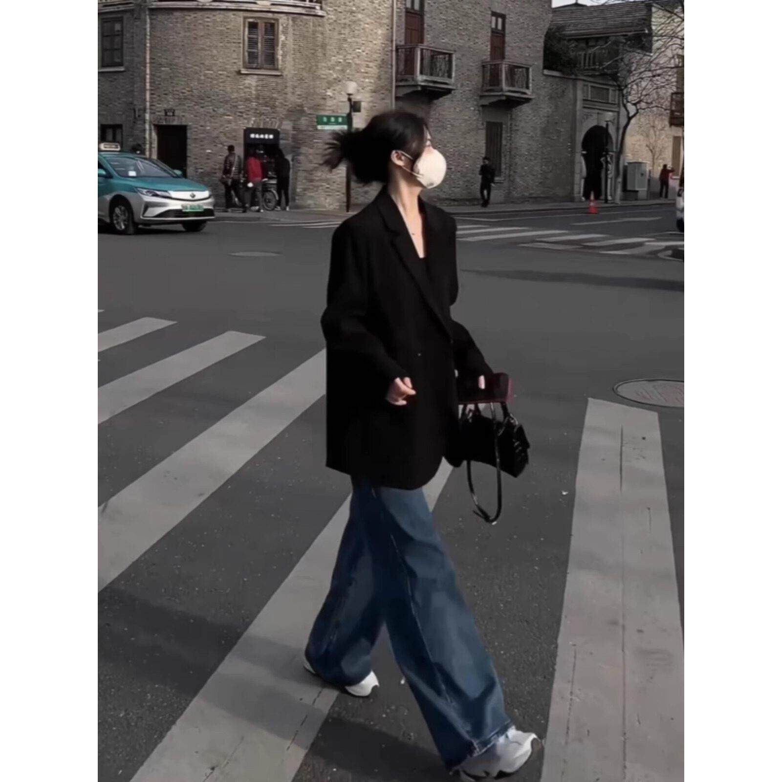 法国Rouje Moaks黑色正肩西装外套女2025春秋冬新款宽松休闲西服