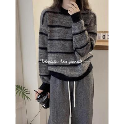 I.Tchooiate覆古针织衫撞色条纹秋款圆领套头长袖毛衣女覆古上衣