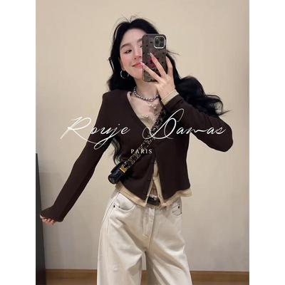 Rouje Damas咖色V领假两件针织衫女修身短款内搭气质长袖T恤上衣