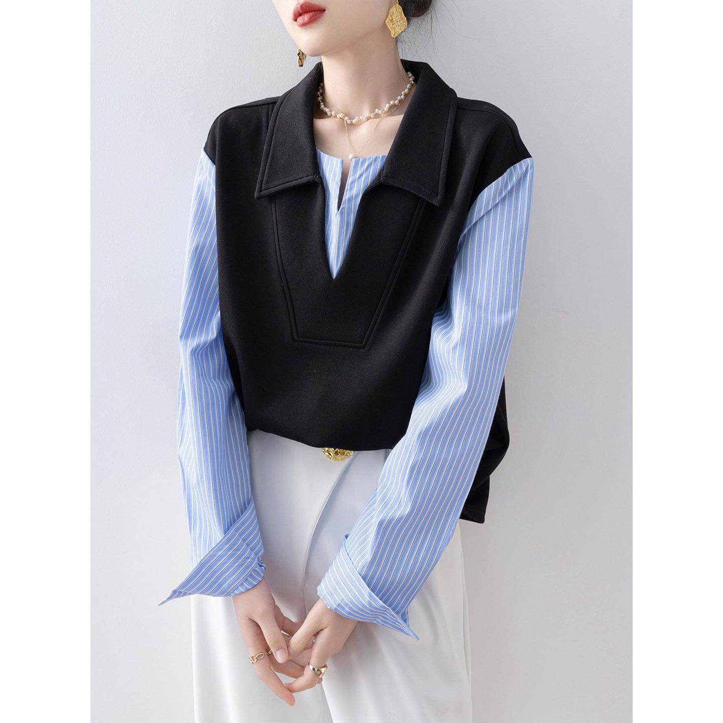 Canary Kiss假两件拼接条纹V领卫衣女春季翻领宽松显瘦小个子上衣