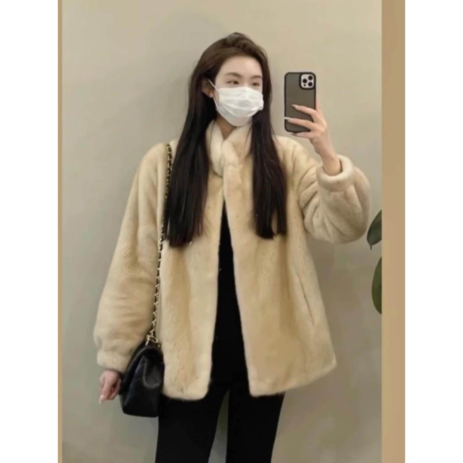 Chlenady覆古貂皮天鹅绒外套女性冬季皮草一体衣加厚和温暖的简单