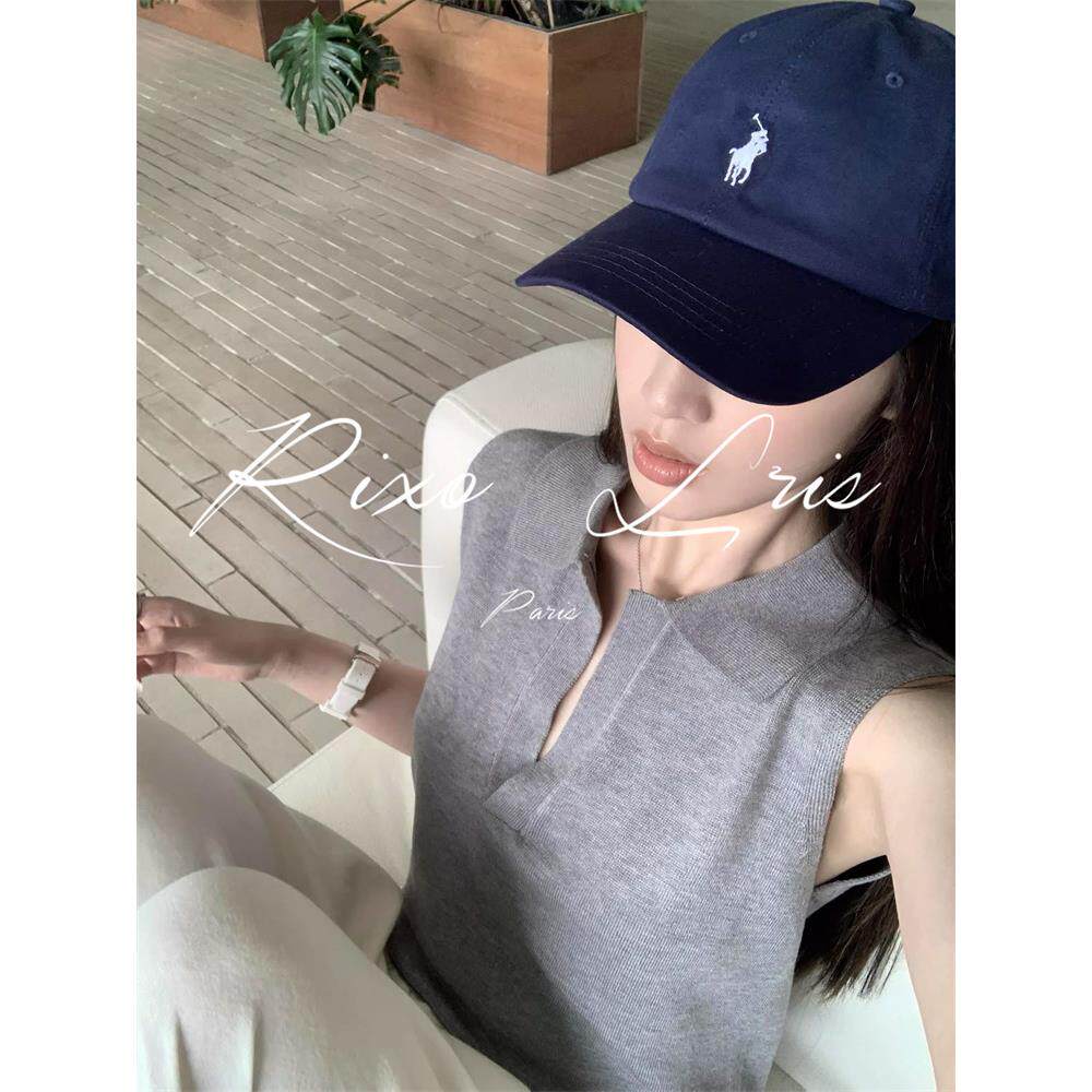 RIXO LRIS法式灰色polo领坎肩无袖针织背心女夏季薄款冰丝v领上衣