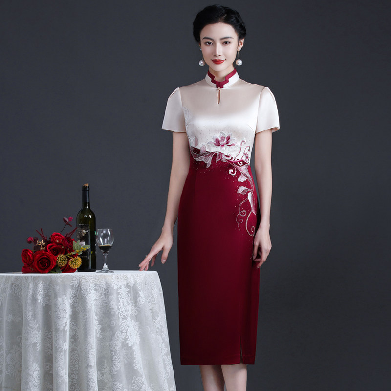 旗袍婚宴妈妈装夏季醋酸缎绣花高旗袍