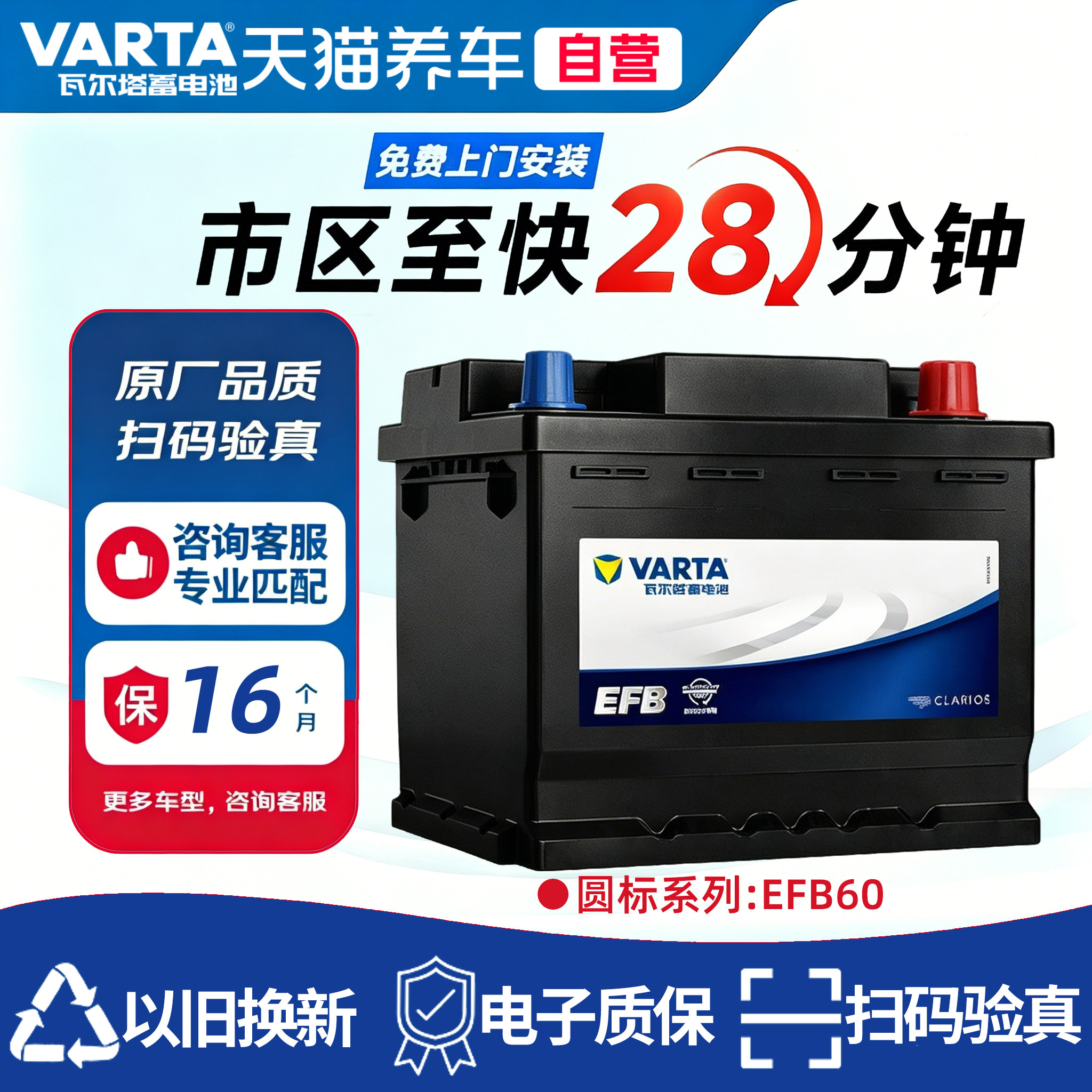 瓦尔塔蓄电池EFB60圆标十代思域雅阁缤智奥迪A3/smart启停电瓶