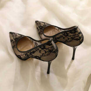 蕾丝面高跟鞋黑色2024夏季新款尖头细跟性感网面镂空夜店女百搭鞋