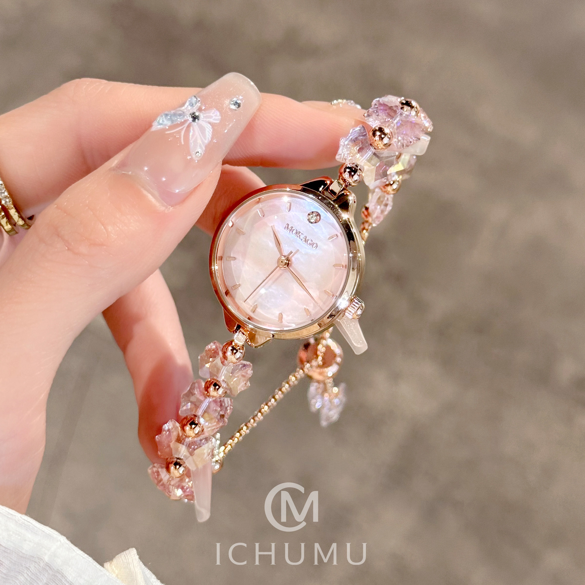 ICHUMU手表女粉色手链表轻奢小众精致小巧贝母表盘腕表送女生礼物