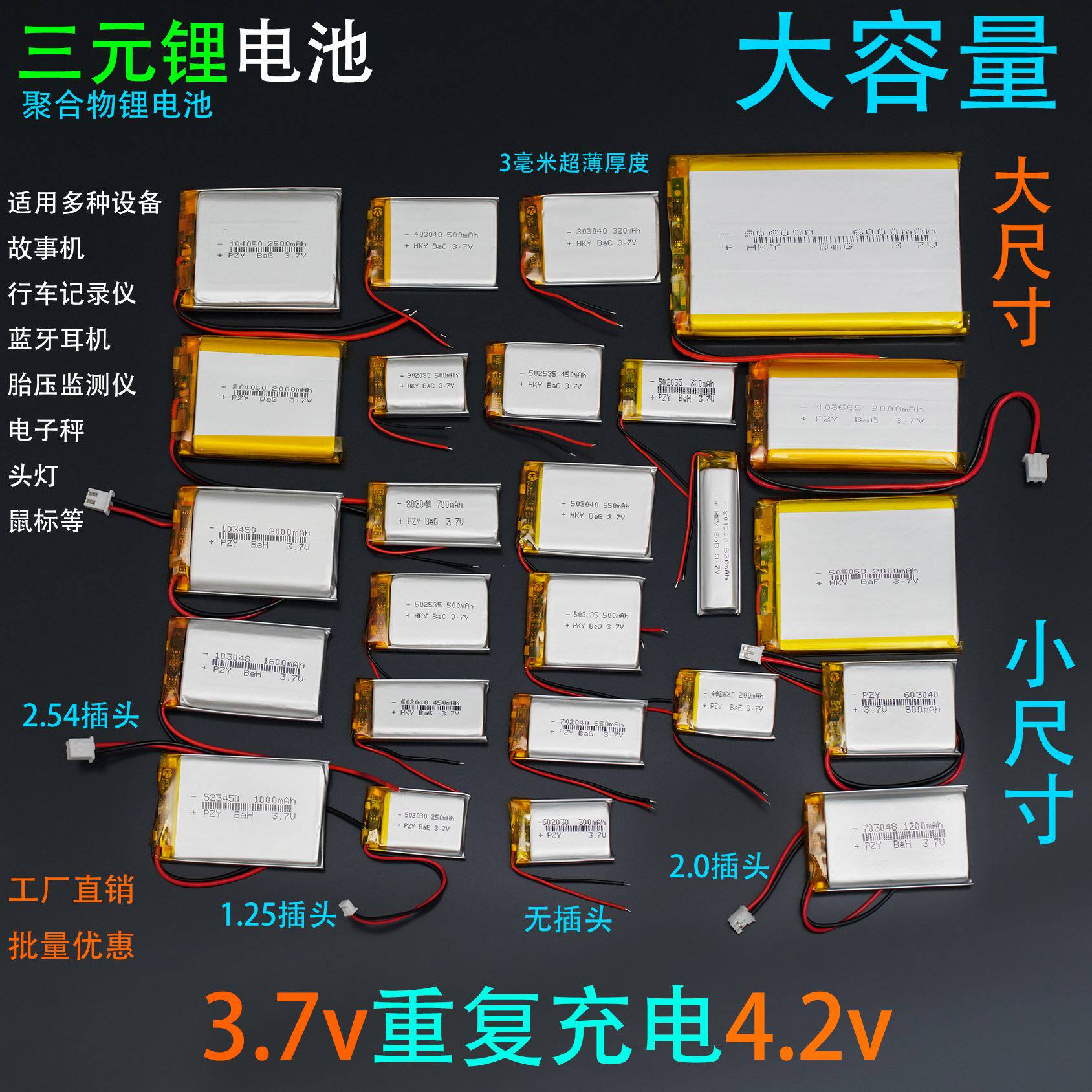 103450聚合物锂离子电池3.7v通用4.2伏大容量记录仪充电头灯电芯