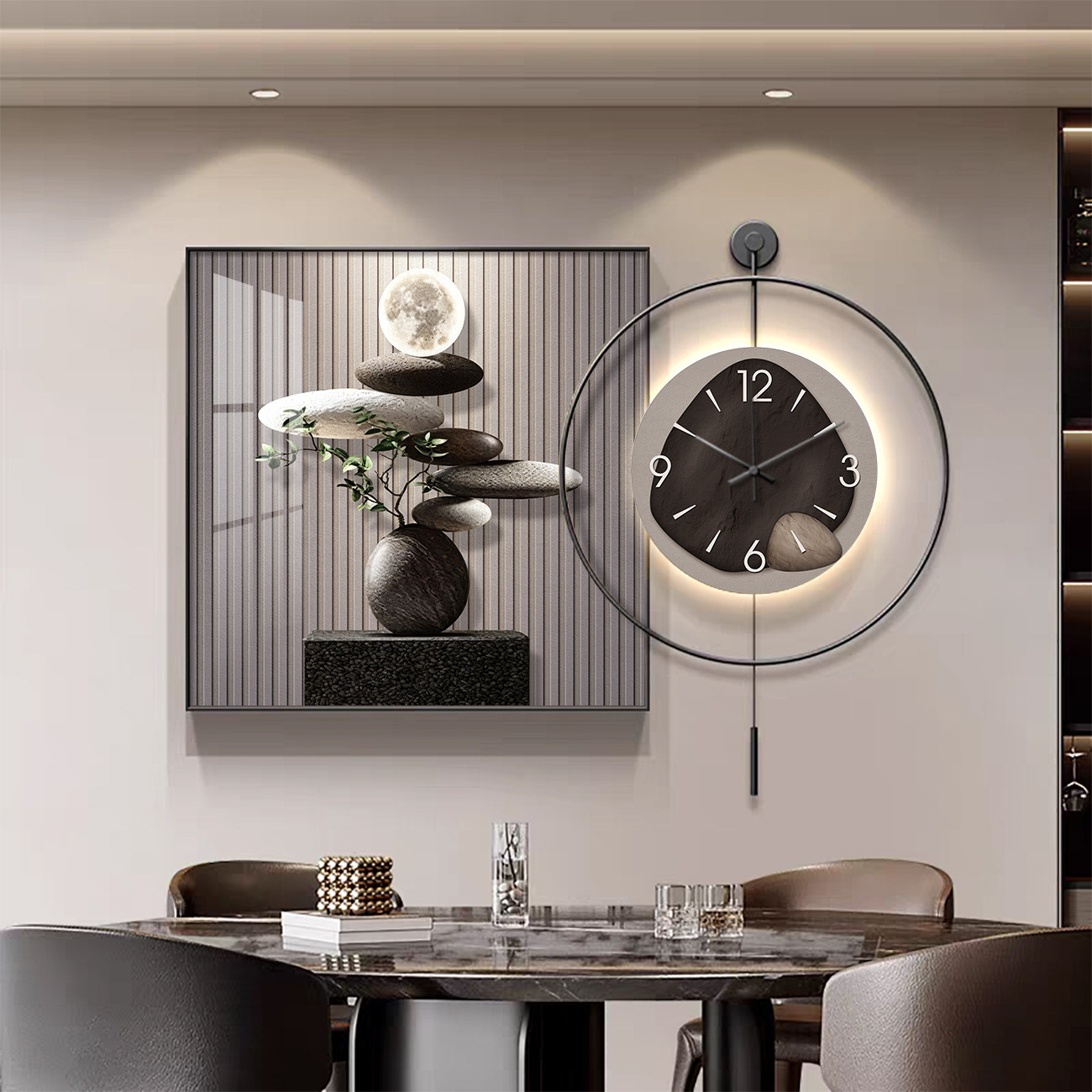 石来运转餐厅装饰画侘寂风餐桌背景墙挂画现代简约led灯钟表挂钟