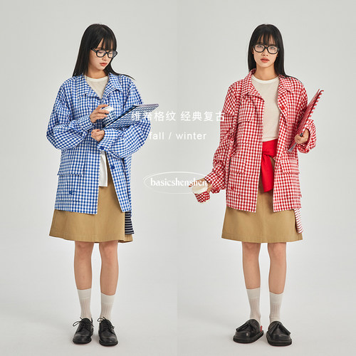 basicshenshen休闲复古格纹外套
