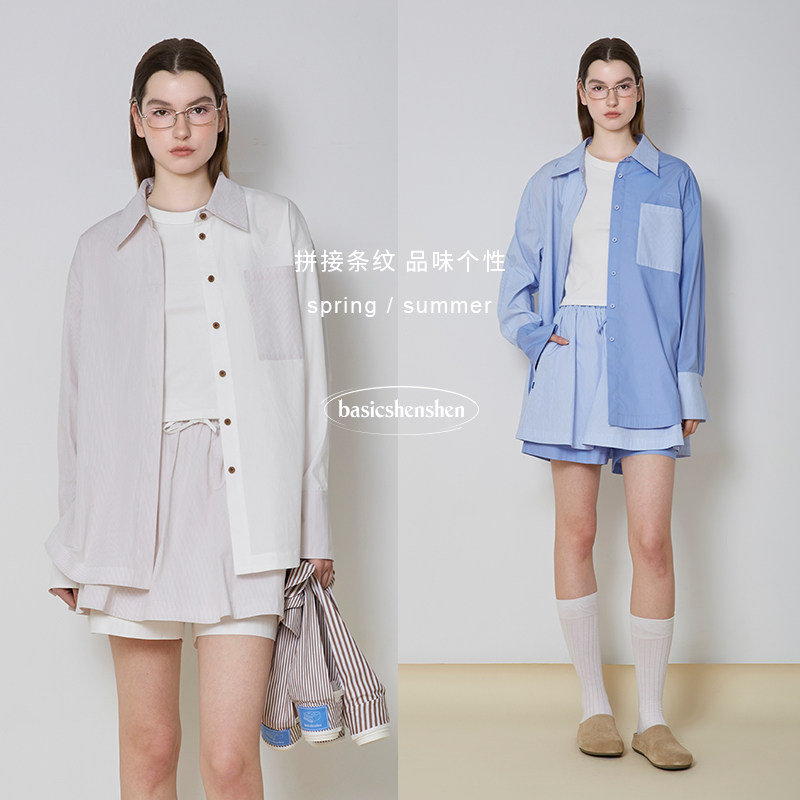 basicshenshen条纹衬衫裙裤套装图片
