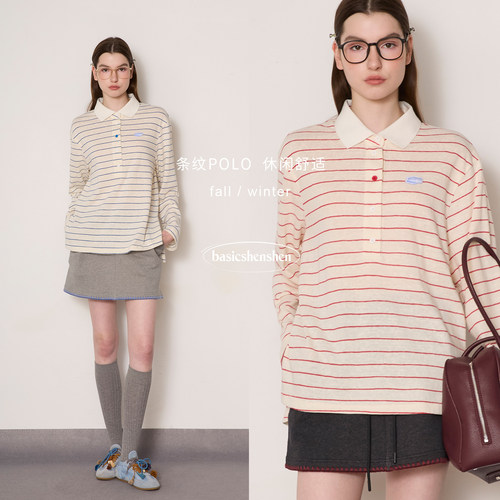 basicshenshen条纹翻领长袖Polo